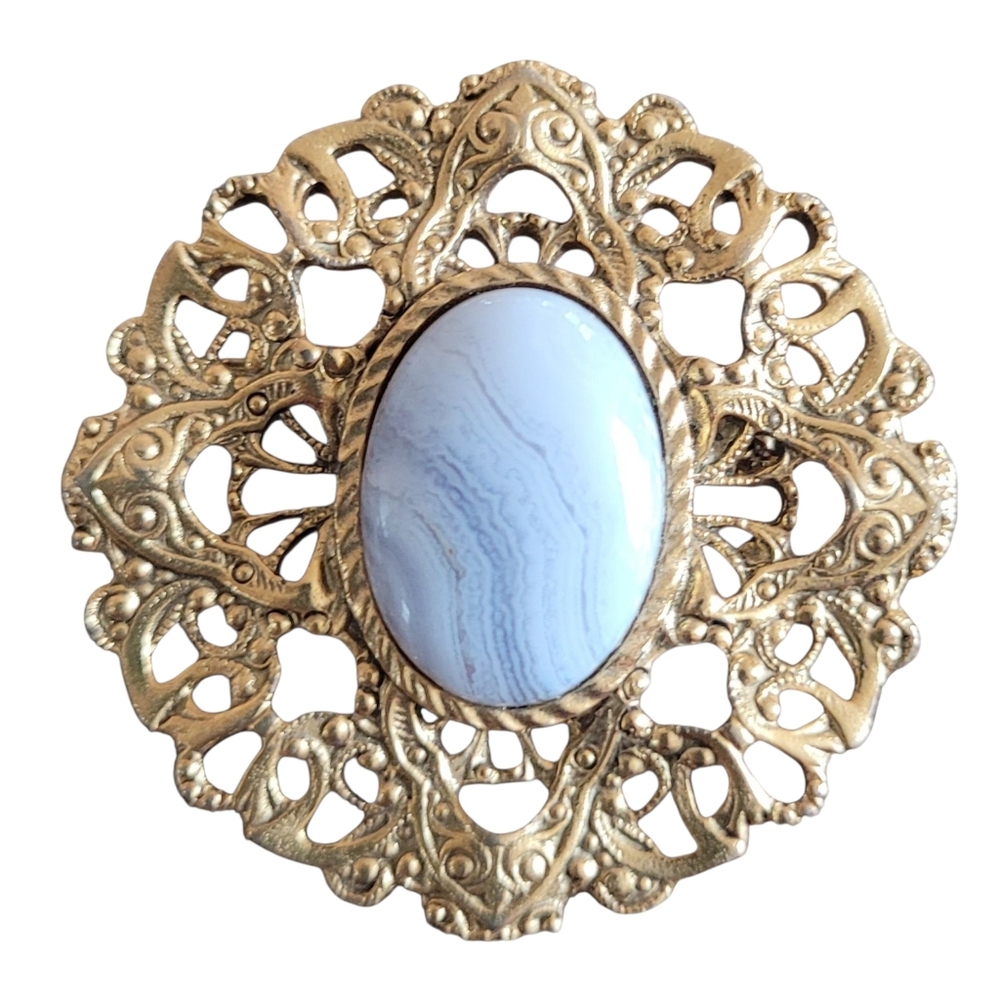 Vintage Ornate Gold Grey Agate Stone Victorian Style Brooch Pin